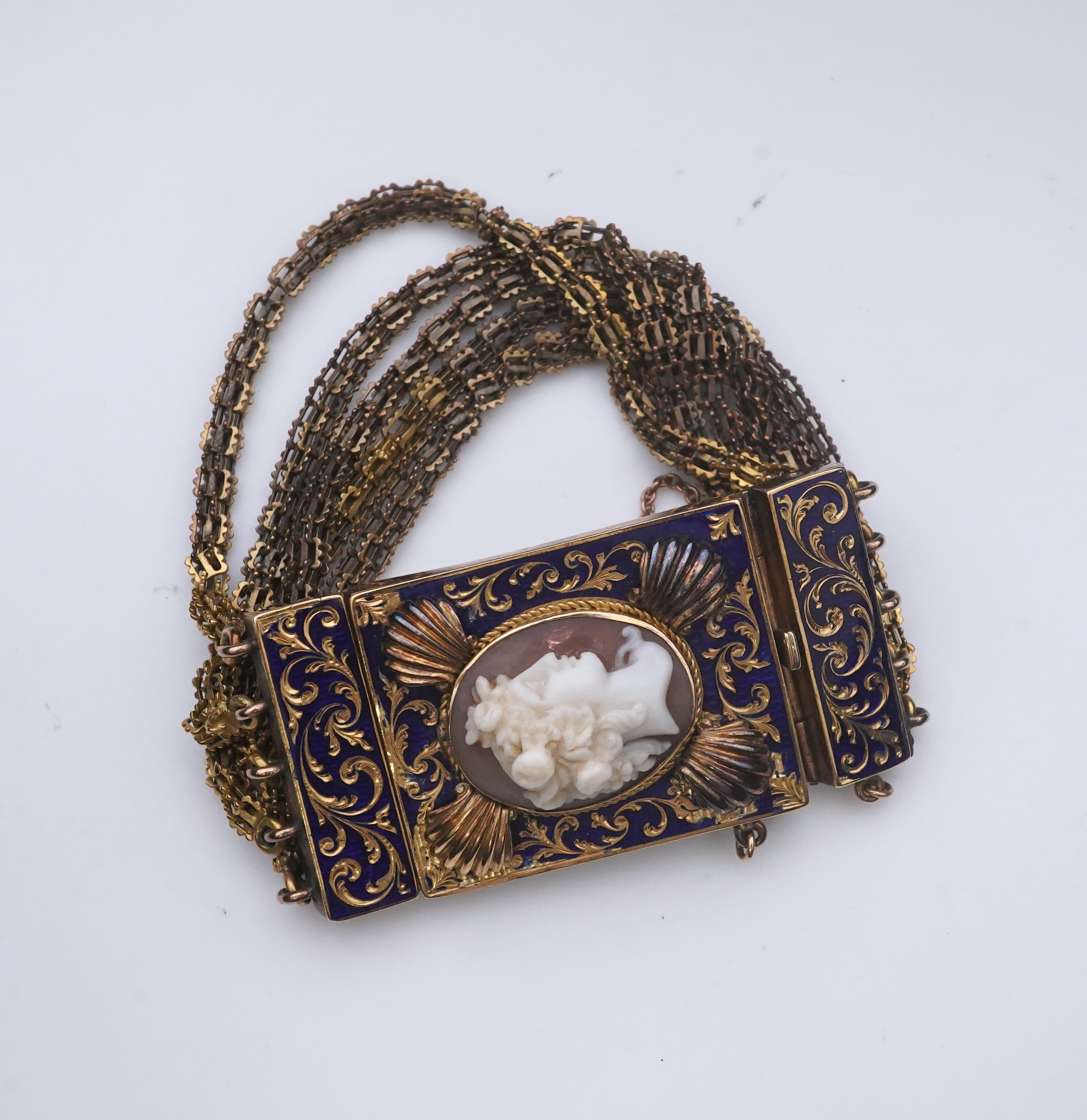 A Victorian shell cameo and enamel bracelet, late 19th century